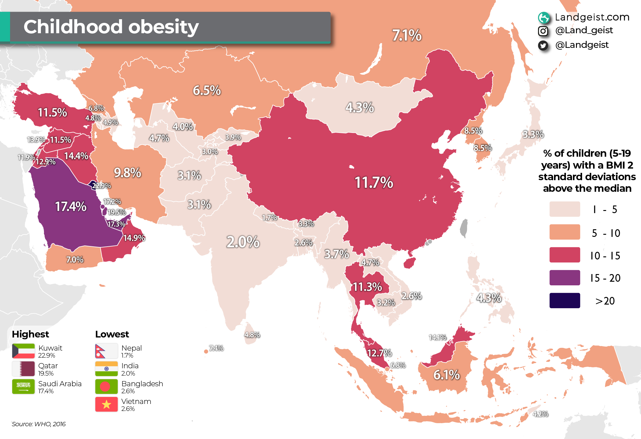 Map of the childhood obesity rate in Asia.